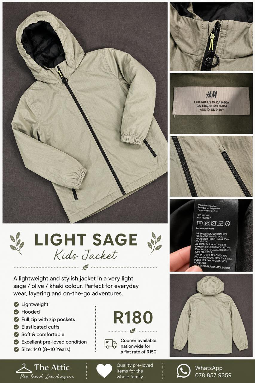 H&M kids light sage olive hooded jacket with full front zip and elasticated cuffs, size 140