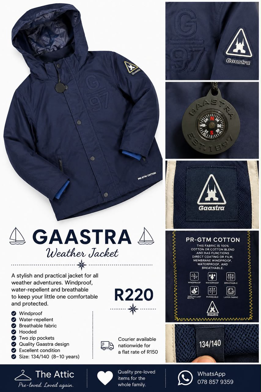 Gaastra kids deep navy weather jacket with embossed G97 branding, compass zip pull and hood, size 134/140