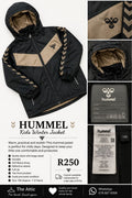 Hummel kids black and beige winter jacket with signature chevron stripe, fleece lining and hood, size 128