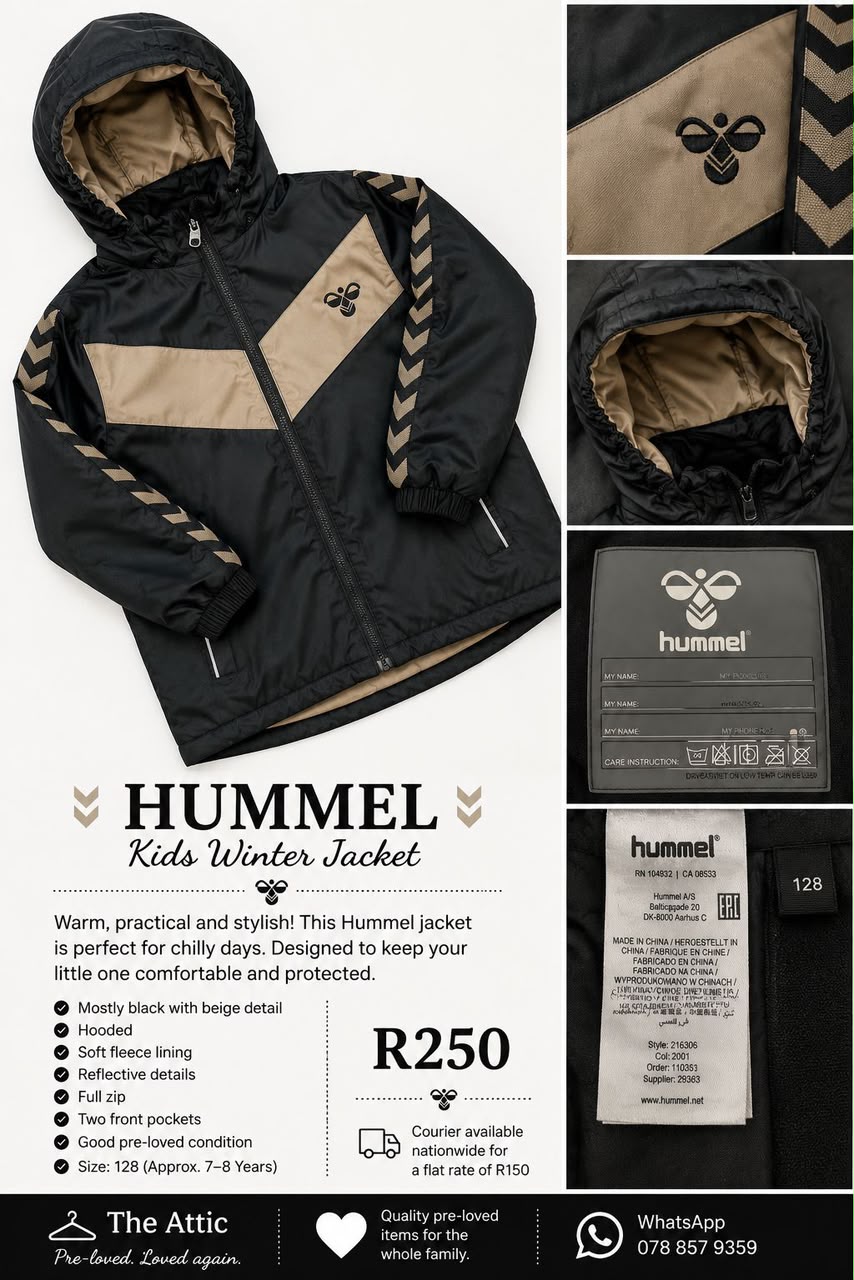 Hummel kids black and beige winter jacket with signature chevron stripe, fleece lining and hood, size 128