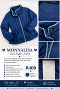 Monnalisa girls deep navy puffer jacket with powder blue velvet trim, peplum hem and embossed 1968 logo patch