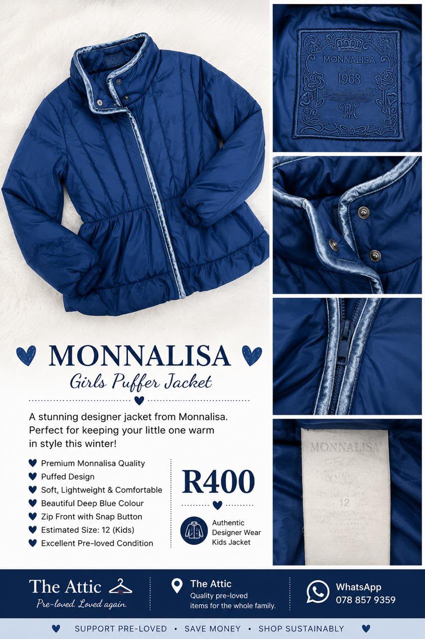 Monnalisa girls deep navy puffer jacket with powder blue velvet trim, peplum hem and embossed 1968 logo patch