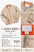 Zara Kids beige bomber jacket with orange lining, ribbed collar and cuffs, front zip and arm pocket, size 148cm
