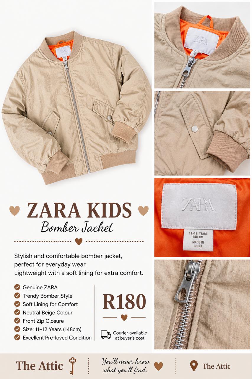 Zara Kids beige bomber jacket with orange lining, ribbed collar and cuffs, front zip and arm pocket, size 148cm