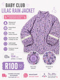 Baby Club lilac all-over floral print waterproof rain jacket with snap buttons and elasticated cuffs, size 104cm