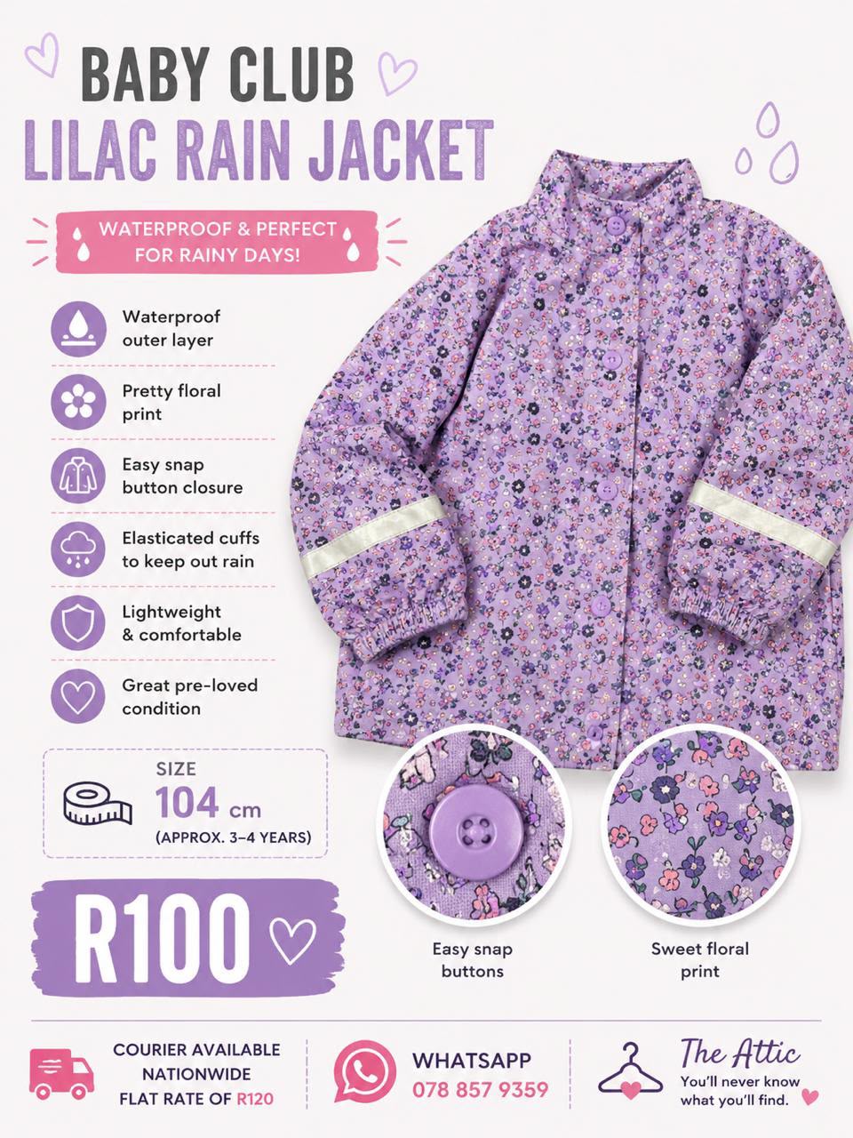 Baby Club lilac all-over floral print waterproof rain jacket with snap buttons and elasticated cuffs, size 104cm