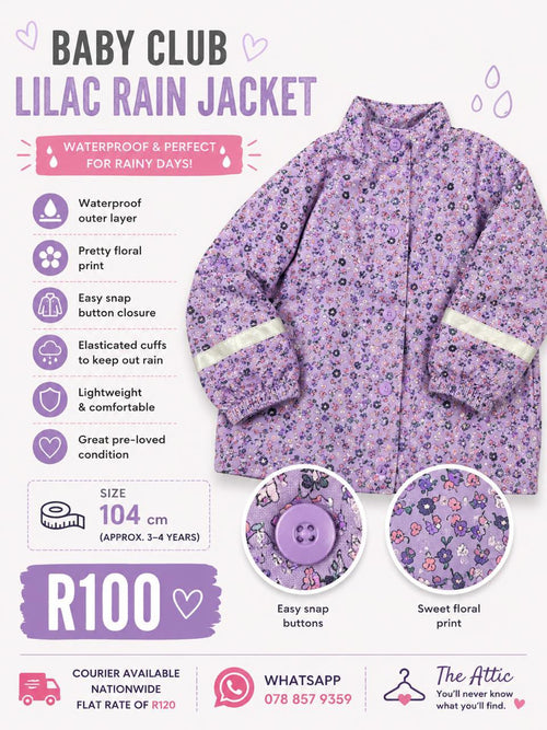 Baby Club lilac all-over floral print waterproof rain jacket with snap buttons and elasticated cuffs, size 104cm