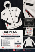 Icepeak ladies white outdoor jacket with black contrast panels, adjustable hood and multiple zip pockets, size 44