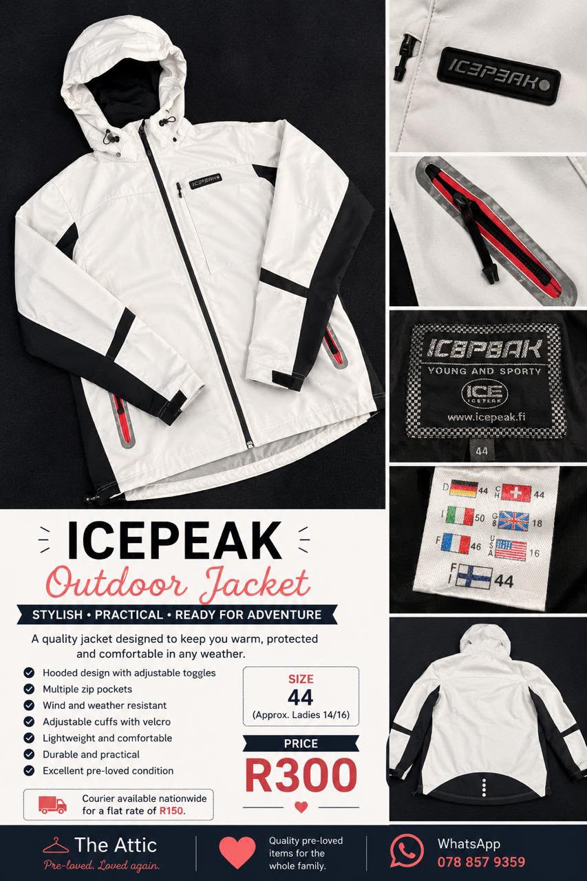 Icepeak ladies white outdoor jacket with black contrast panels, adjustable hood and multiple zip pockets, size 44