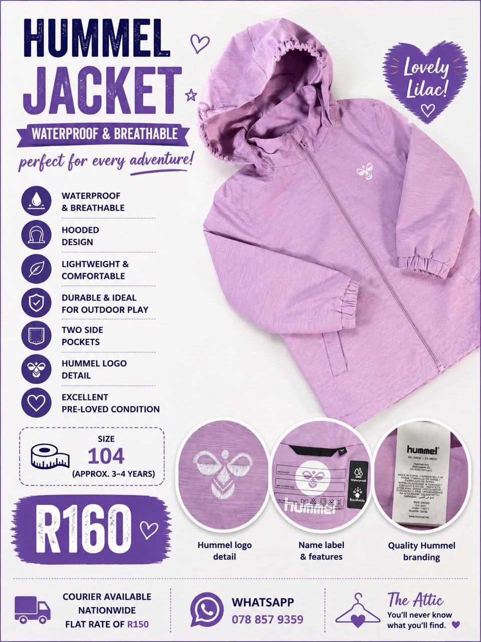 Hummel kids lilac waterproof hooded jacket with signature logo detail and two side pockets, size 104