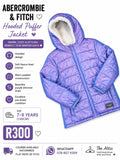 Abercrombie & Fitch girls purple iridescent shimmer hooded puffer jacket with sherpa-lined hood, size 130cm