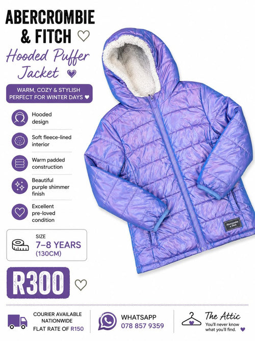 Abercrombie & Fitch girls purple iridescent shimmer hooded puffer jacket with sherpa-lined hood, size 130cm