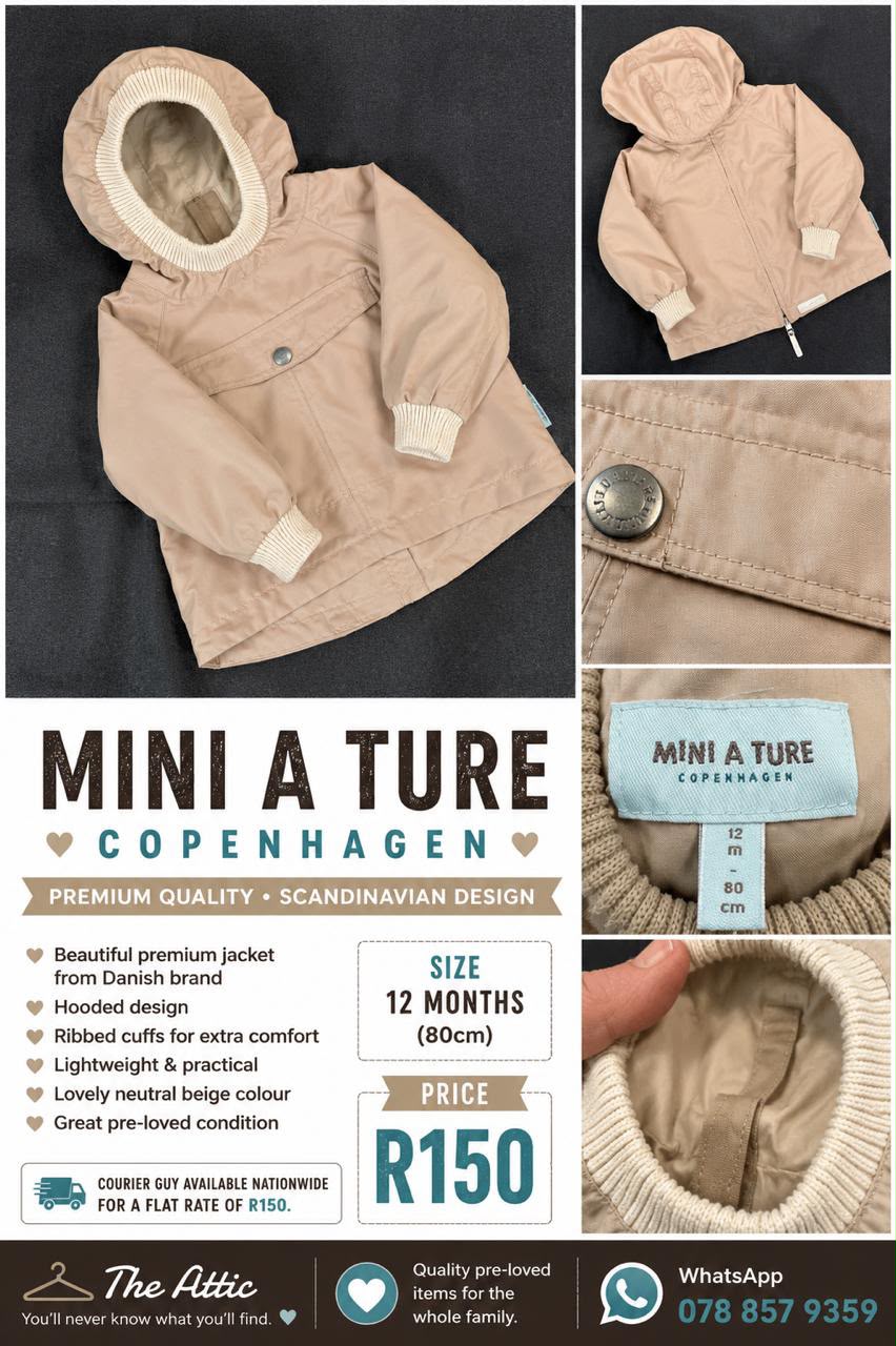 Mini A Ture Copenhagen baby jacket in soft beige with hooded design, ribbed cuffs and snap button front, size 12 months 80cm