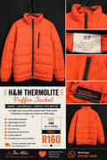 H&M Thermolite bold orange puffer jacket with funnel neck, full front zip and zip chest pocket, size 146
