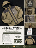 8848 Altitude kids khaki and dark grey winter jacket with faux fur hood, badge details and multiple zip pockets, size 160