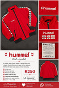 Hummel kids red track jacket with black and white chevron tape on sleeves, full zip front and ribbed cuffs, size 122