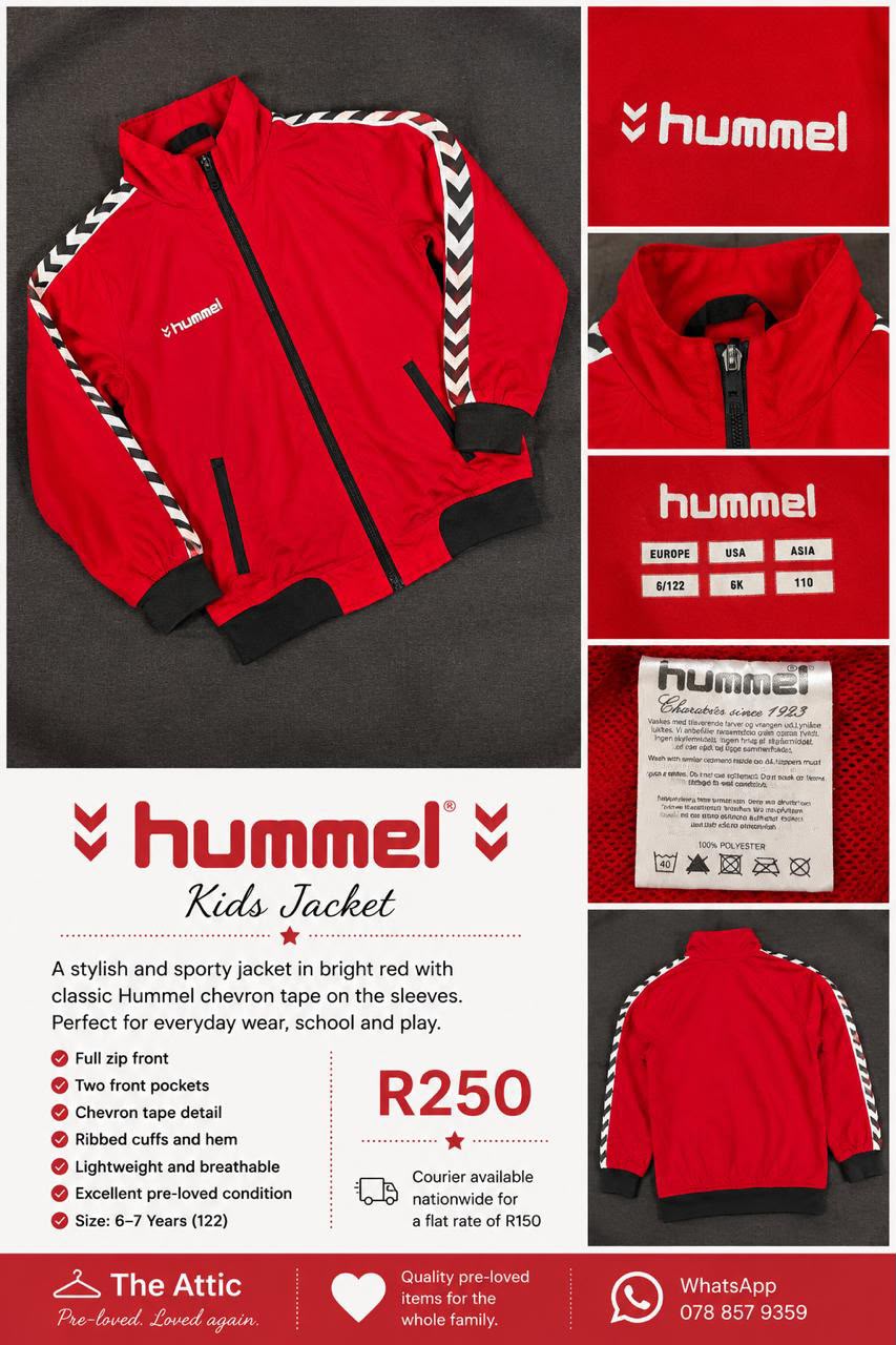 Hummel kids red track jacket with black and white chevron tape on sleeves, full zip front and ribbed cuffs, size 122