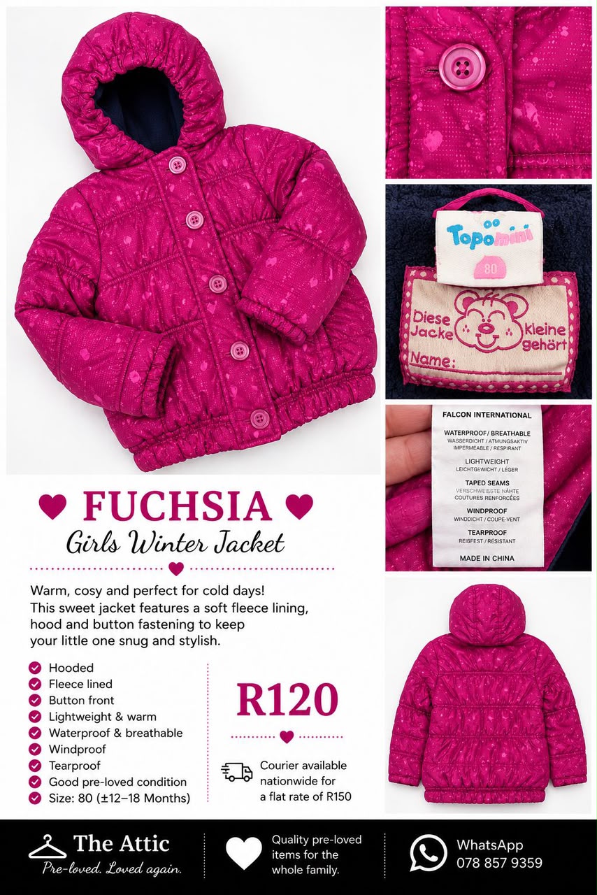 Topomini baby girls fuchsia pink waterproof winter jacket with fleece lining, hood and button front, size 80