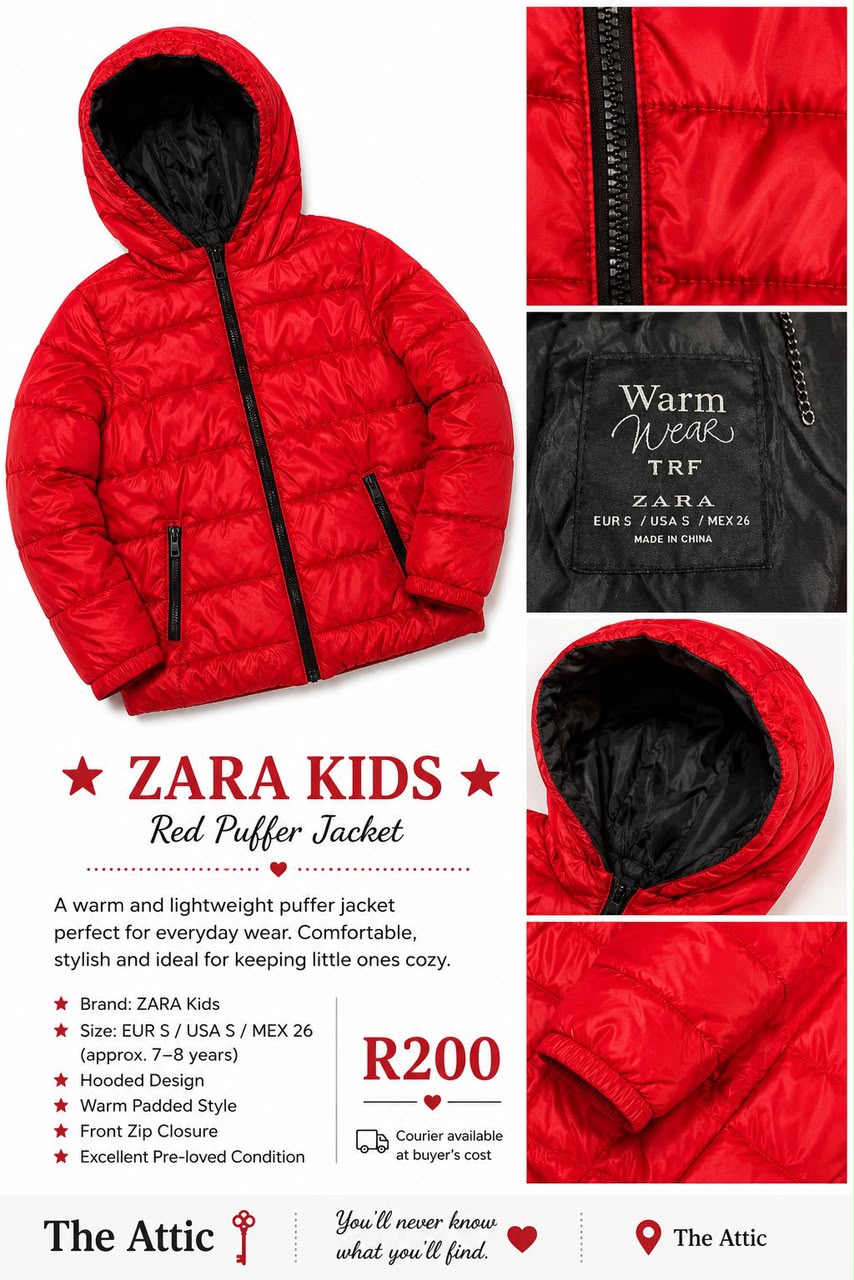 Zara Kids Warm Wear TRF red puffer jacket with black lining, hooded design and zip side pockets, size S