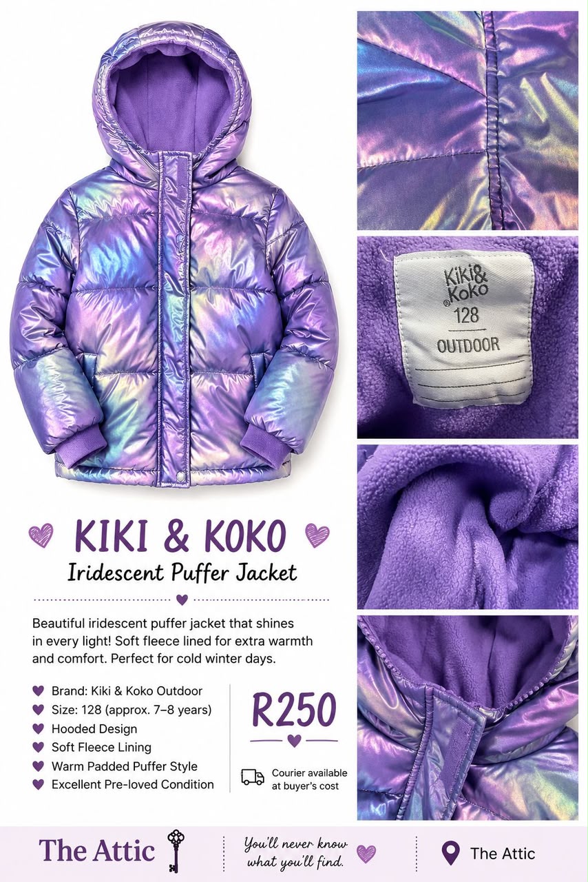 Kiki & Koko girls iridescent holographic purple puffer jacket with fleece lining and hooded design, size 128