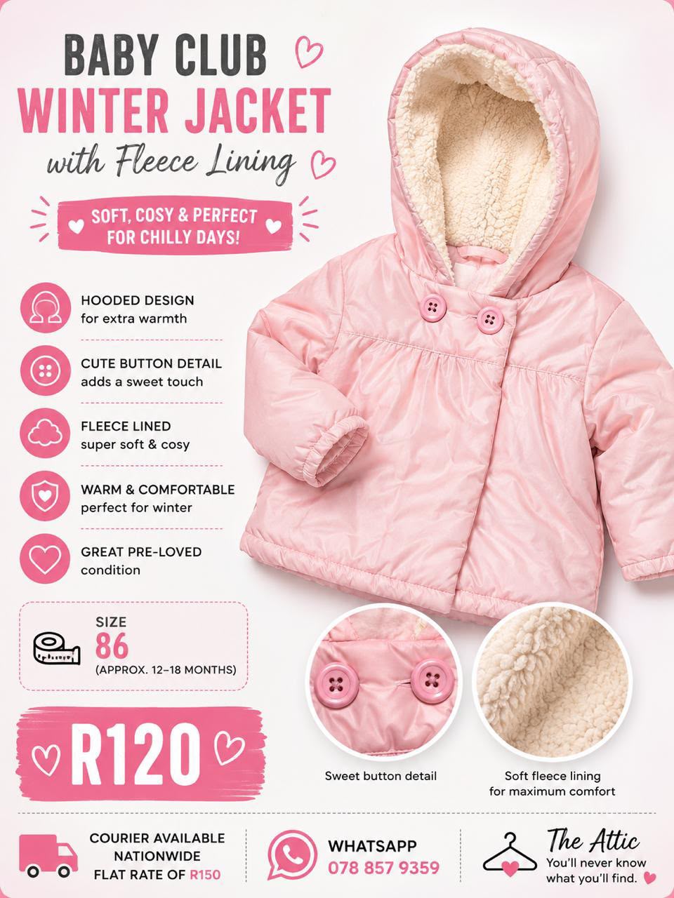 Baby Club Winter Jacket with Fleece Lining - Size 86 (12-18 months)