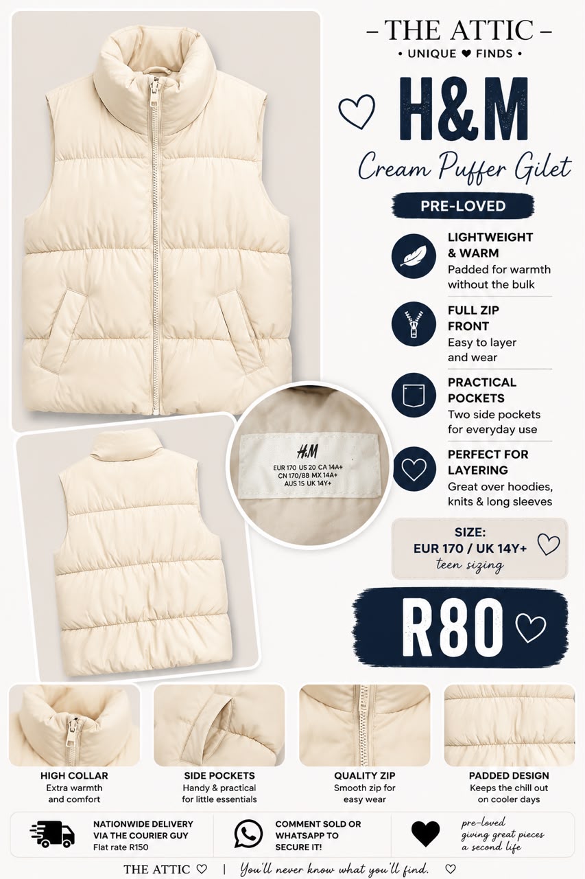 H&M Cream Puffer Gilet - Size EUR 170 / UK 14Y+