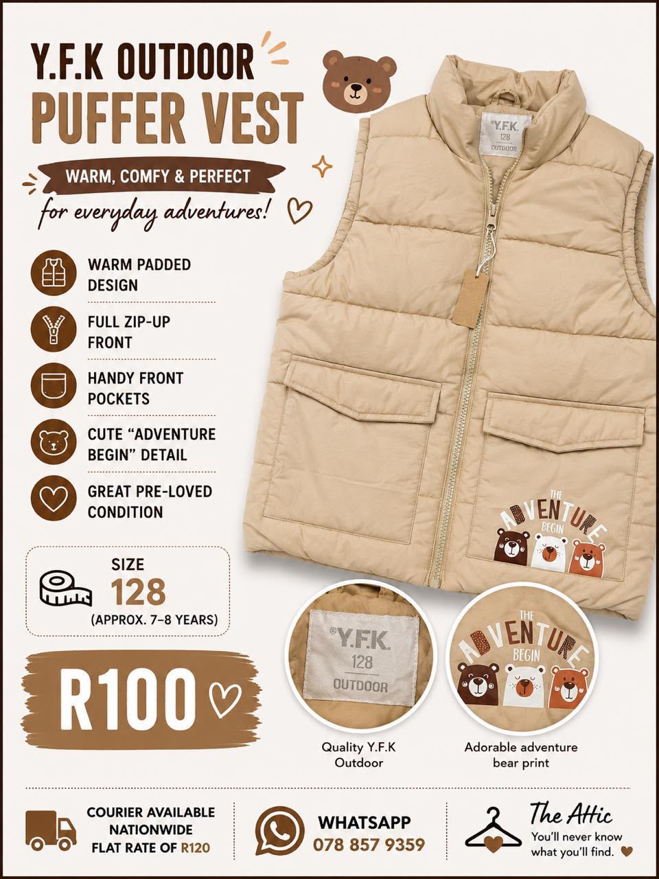 Y.F.K Outdoor Puffer Vest - Size 128 (7-8 years)