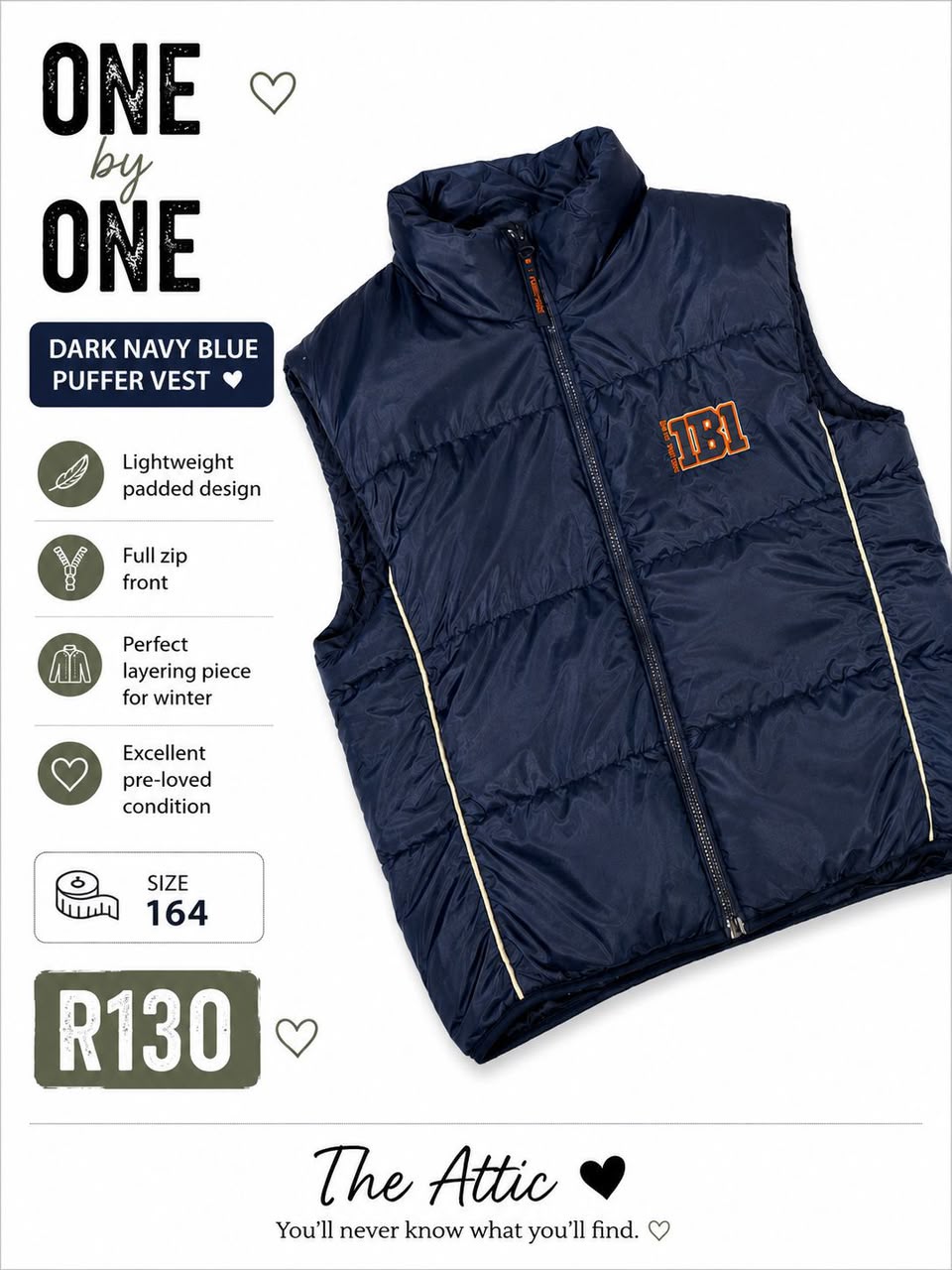 One by One Dark Navy Blue Puffer Vest - Size 164