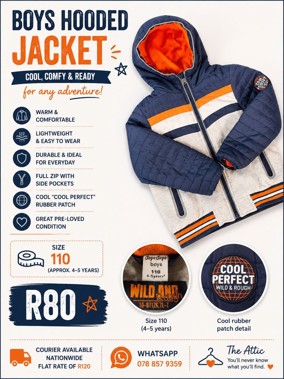 Dopo Dopo Boys Hooded Jacket Navy White Orange - Size 110 (4-5 years)