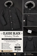 Classic Black Winter Parka - Size 134/140 (9-10 years)