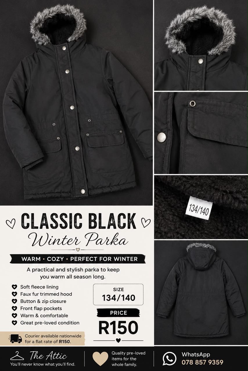 Classic Black Winter Parka - Size 134/140 (9-10 years)