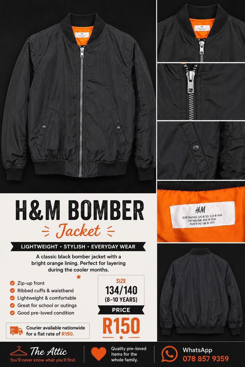 H&M Black Bomber Jacket with Orange Lining - Size EUR 134/140 / UK 8-10Y