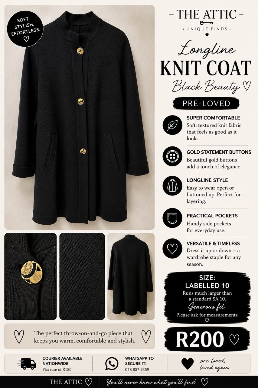 Longline Knit Coat Black Beauty with Gold Buttons - Labelled Size 10 Generous Fit