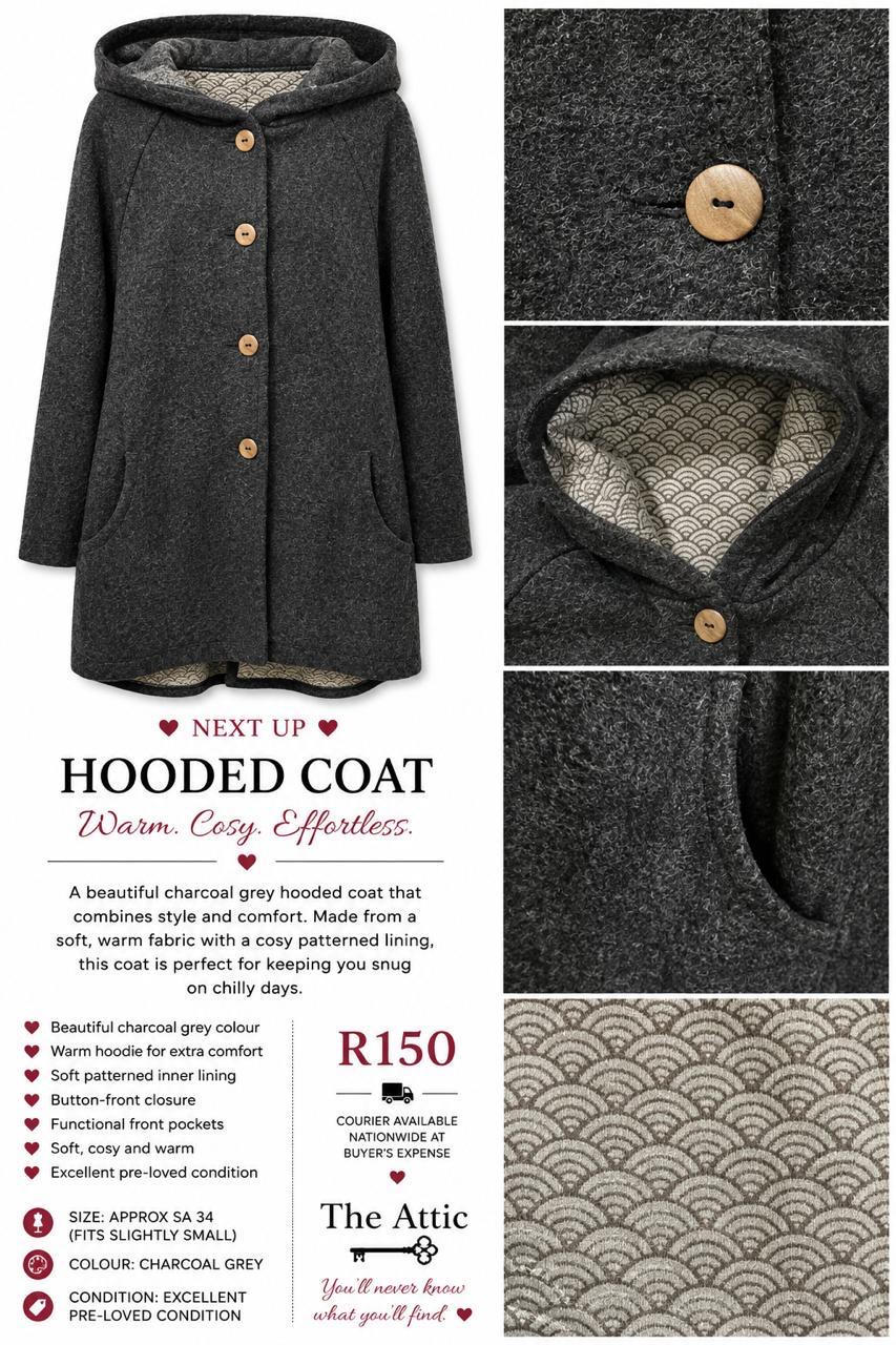 Charcoal Grey Hooded Coat with Patterned Lining - Size SA 34 (fits slightly small)