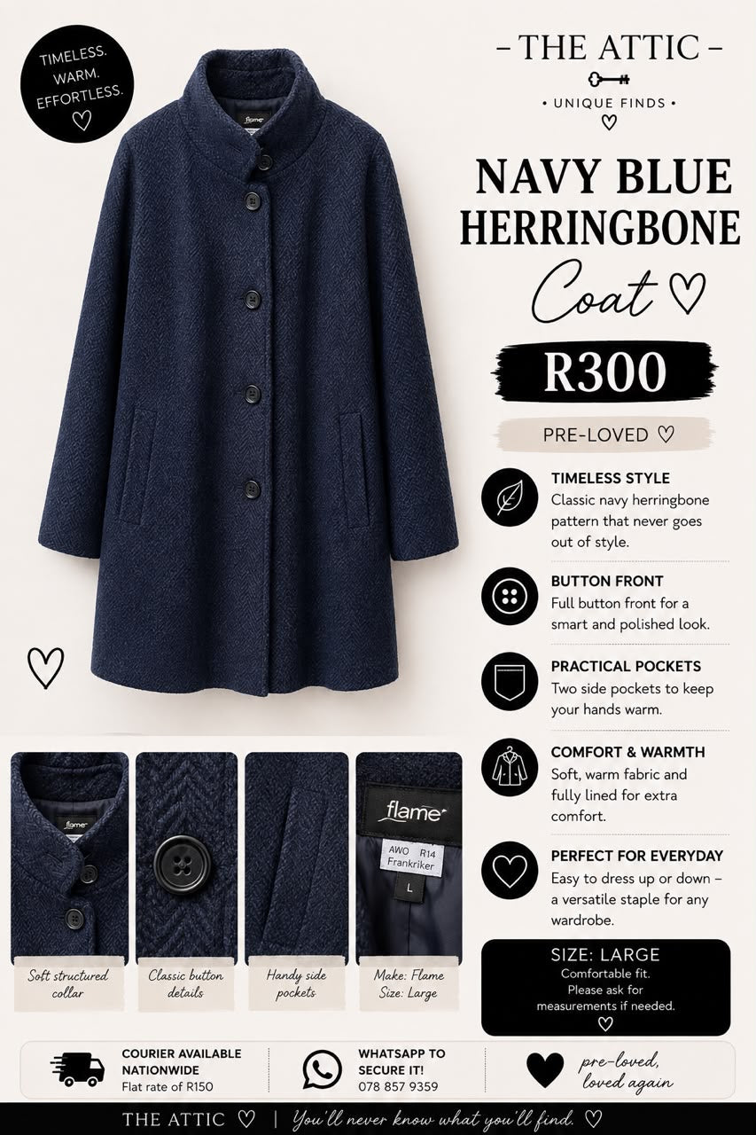 Flame Navy Blue Herringbone Coat - Size Large