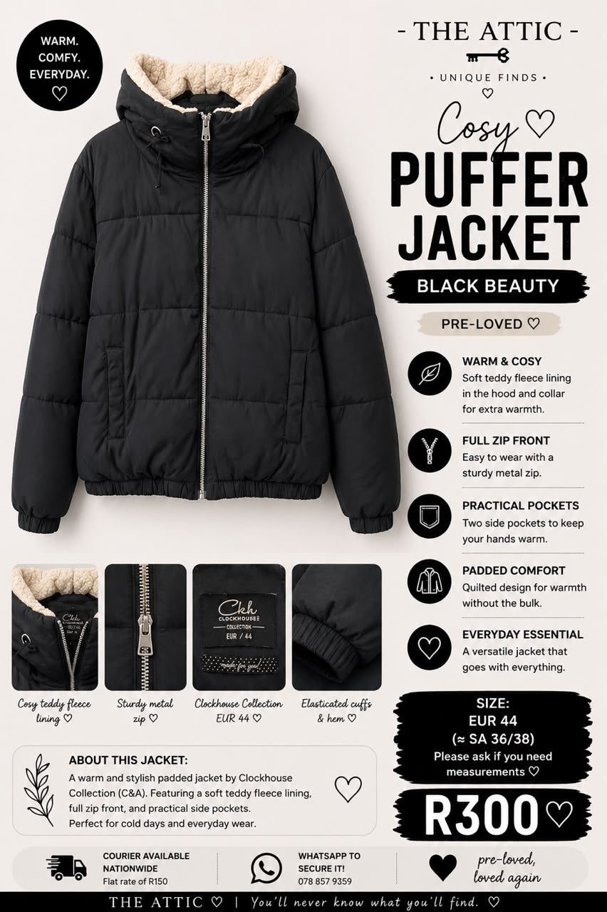 Clockhouse Collection C&A Cosy Puffer Jacket Black - Size EUR 44 / SA 36-38