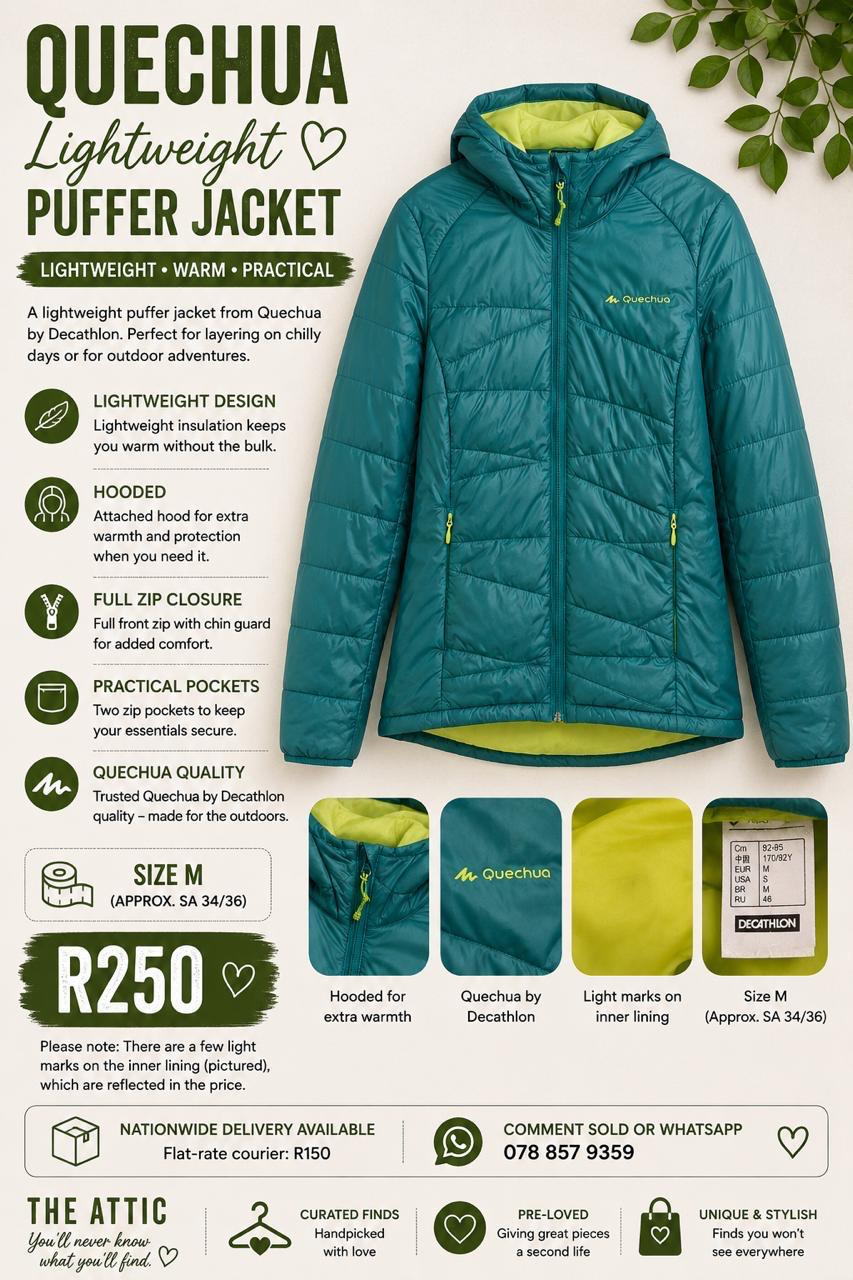 Quechua by Decathlon Lightweight Puffer Jacket Teal Lime - Size M / SA 34-36
