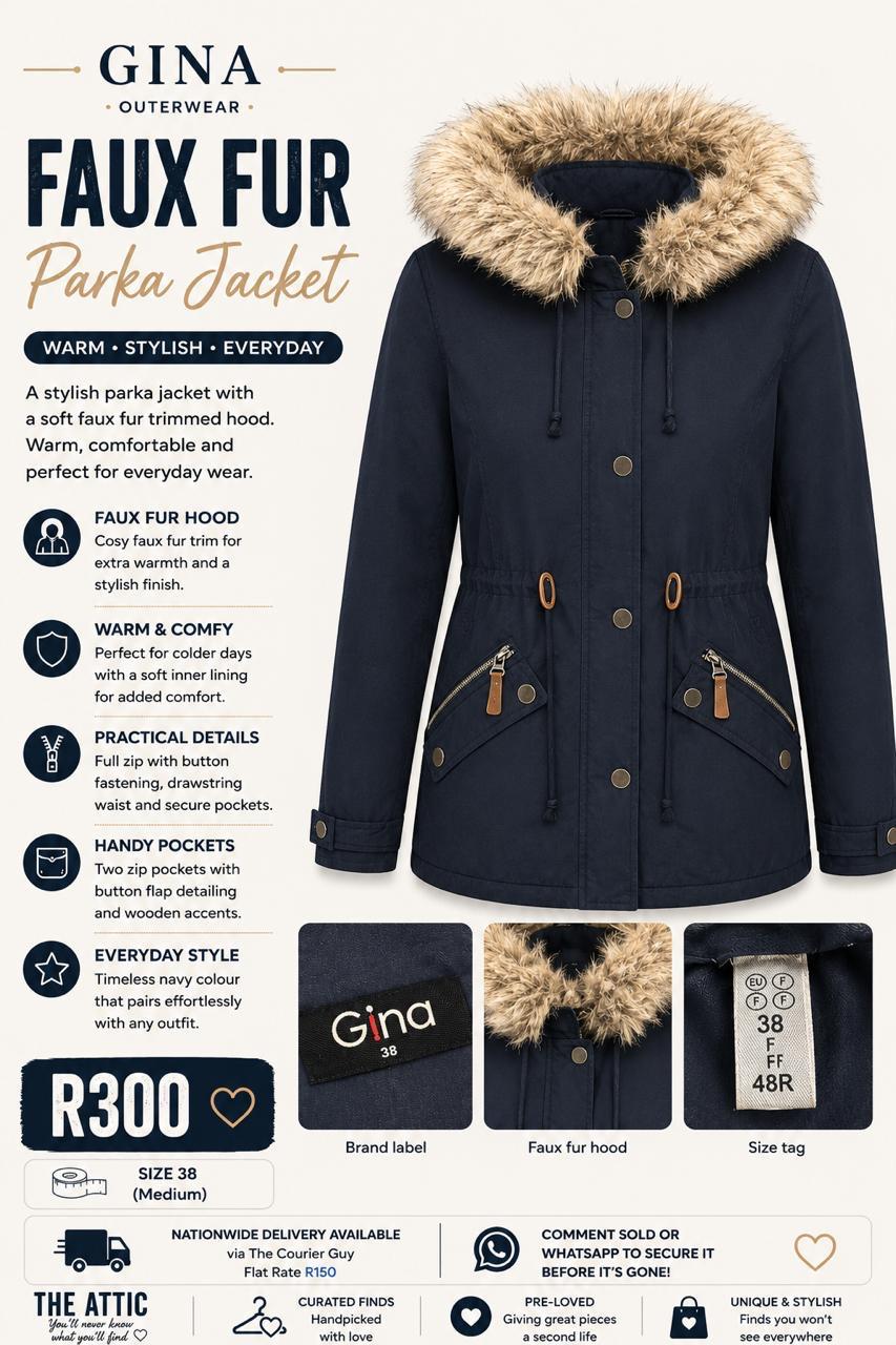 Gina Outerwear Faux Fur Parka Jacket Navy - Size 38 Medium