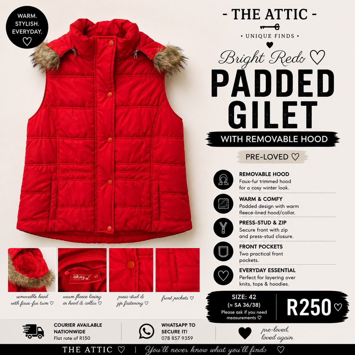 Okay Bright Red Padded Gilet with Removable Faux Fur Hood - Size 42 / SA 36-38