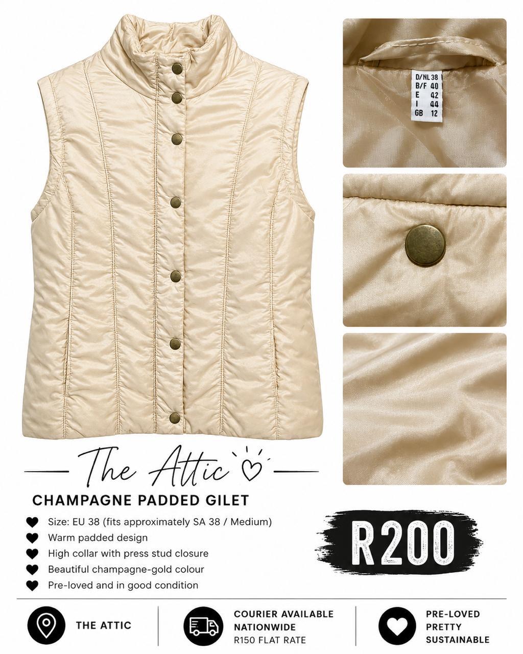 Champagne Padded Gilet High Collar Press Stud - Size EU 38 / SA 38 Medium