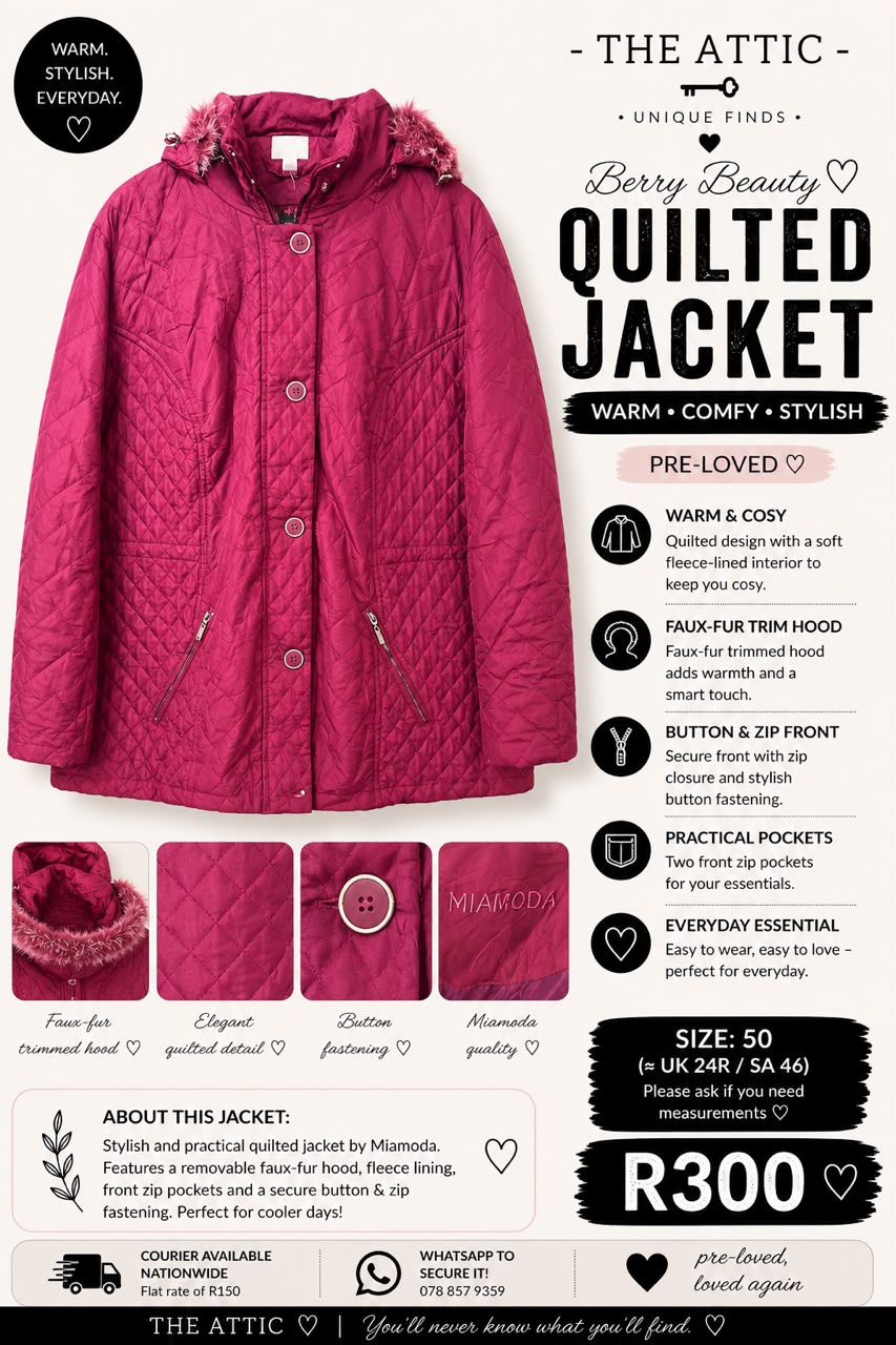 Miamoda Berry Beauty Quilted Jacket Plus Size - Size 50 / UK 24R / SA 46