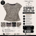 Esprit Neutral Printed Top - Label Size Medium / Fits SA 32-34 Small