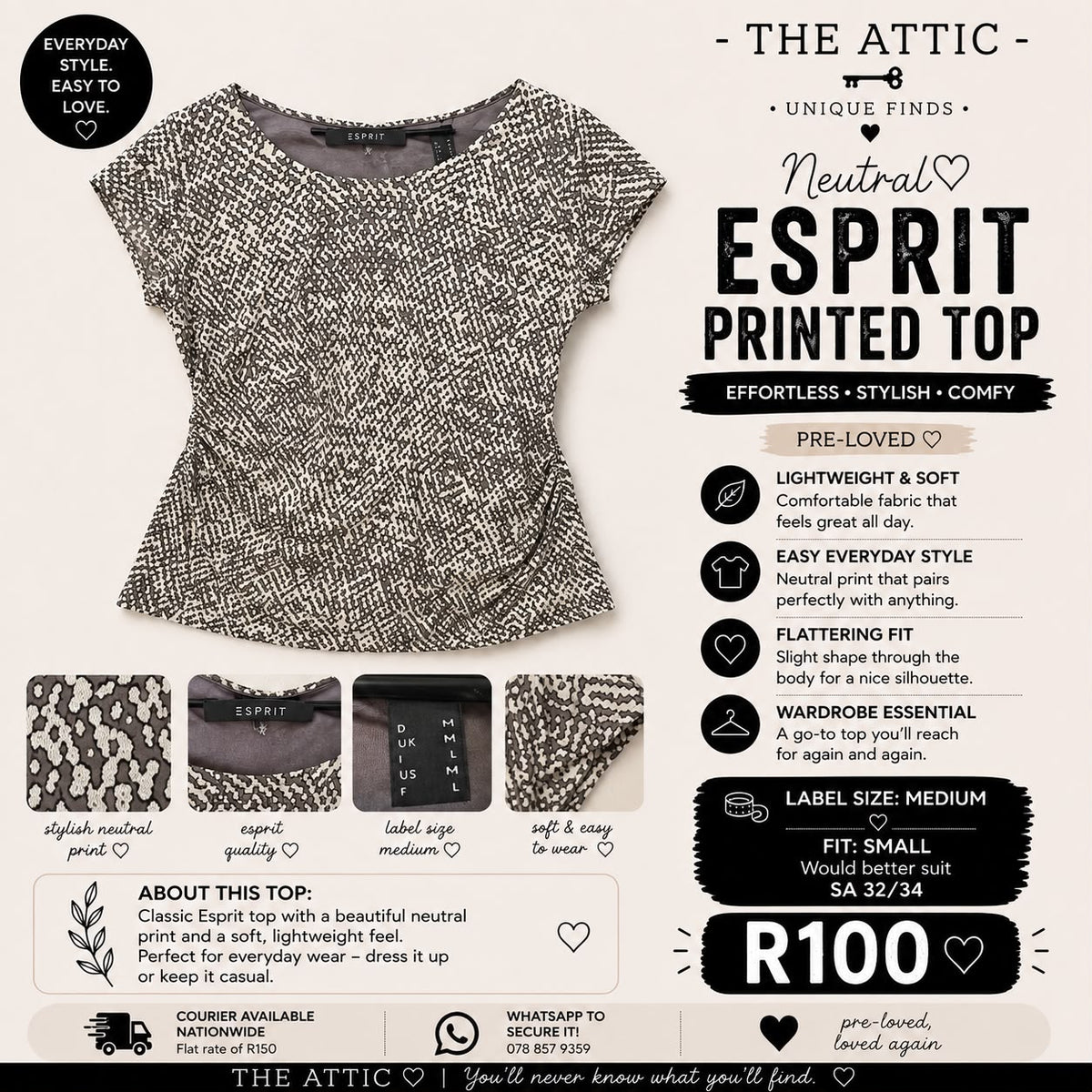 Esprit Neutral Printed Top - Label Size Medium / Fits SA 32-34 Small