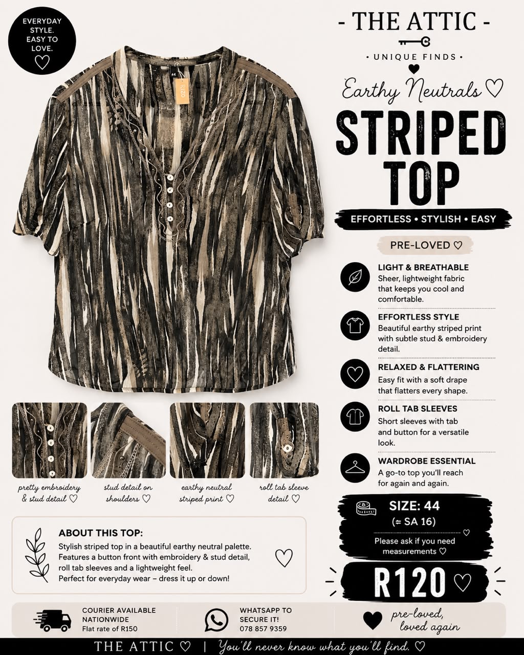 Earthy Neutrals Striped Top with Embroidery Detail - Size 44 / SA 16