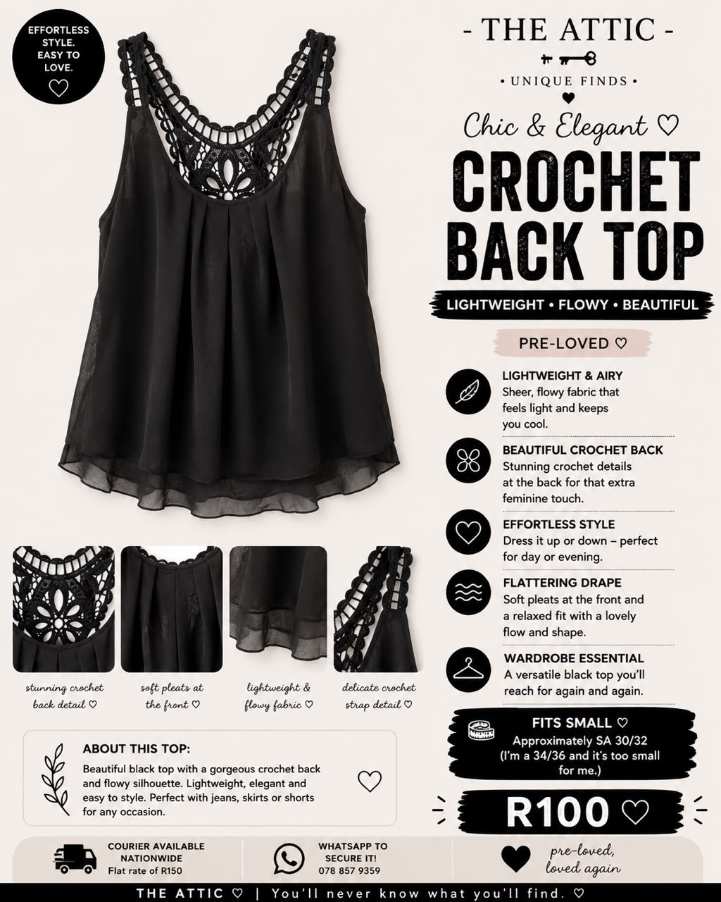 Black Crochet Back Top Lightweight Flowy - Fits Small / SA 30-32