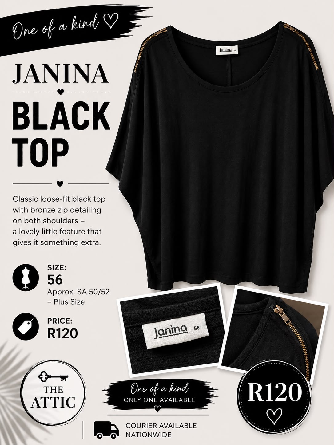 Janina Black Top with Bronze Zip Shoulder Detail - Size 56 / SA 50-52 Plus Size