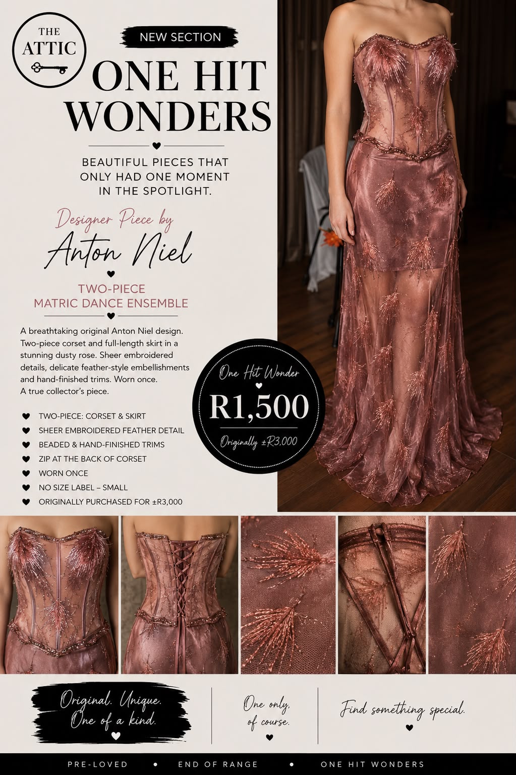 Anton Niel Designer Two-Piece Matric Dance Ensemble Dusty Rose - Small, Worn Once
