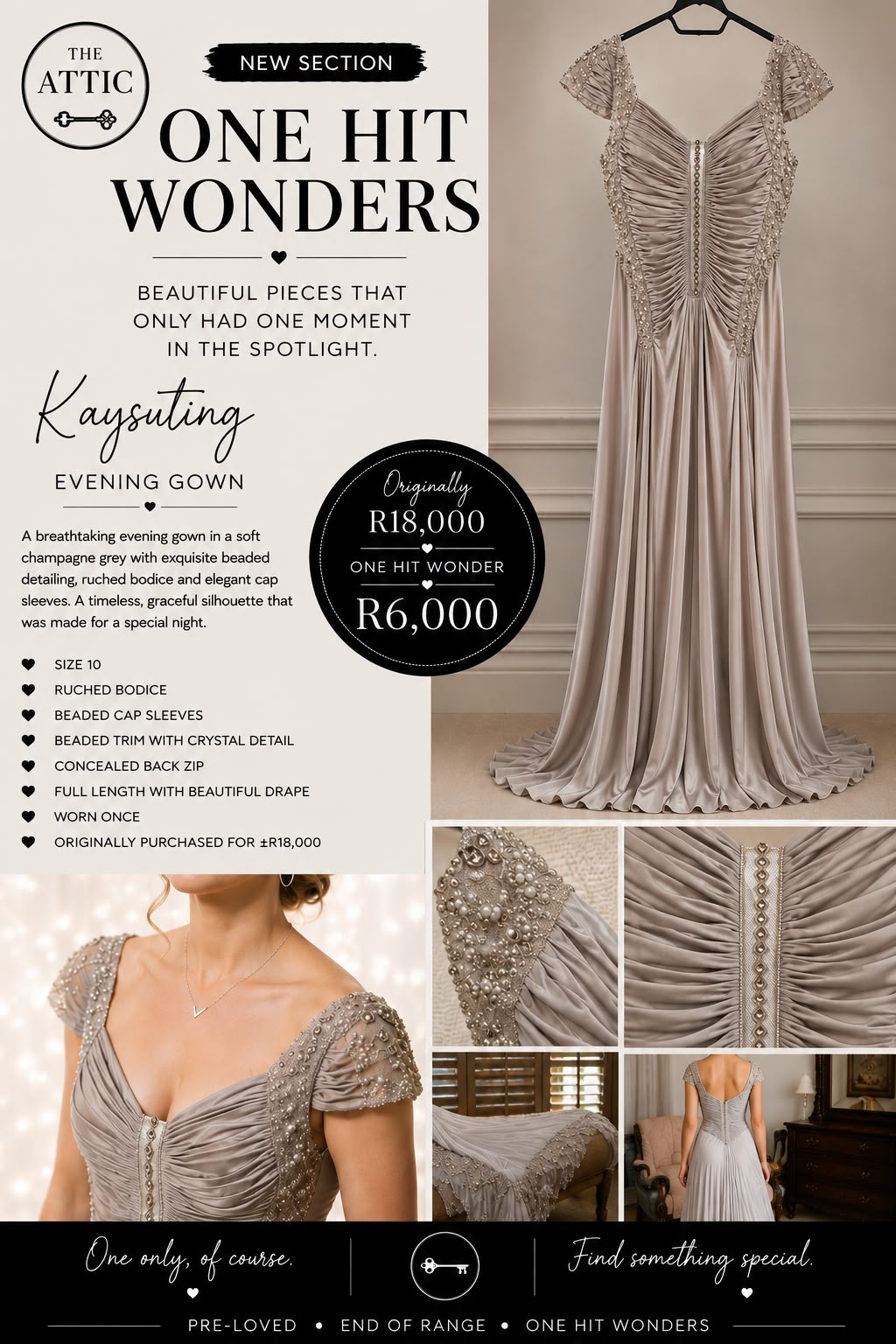 Kaysuting Champagne Grey Evening Gown Size 10 SA 36 - Worn Once, Originally R18,000